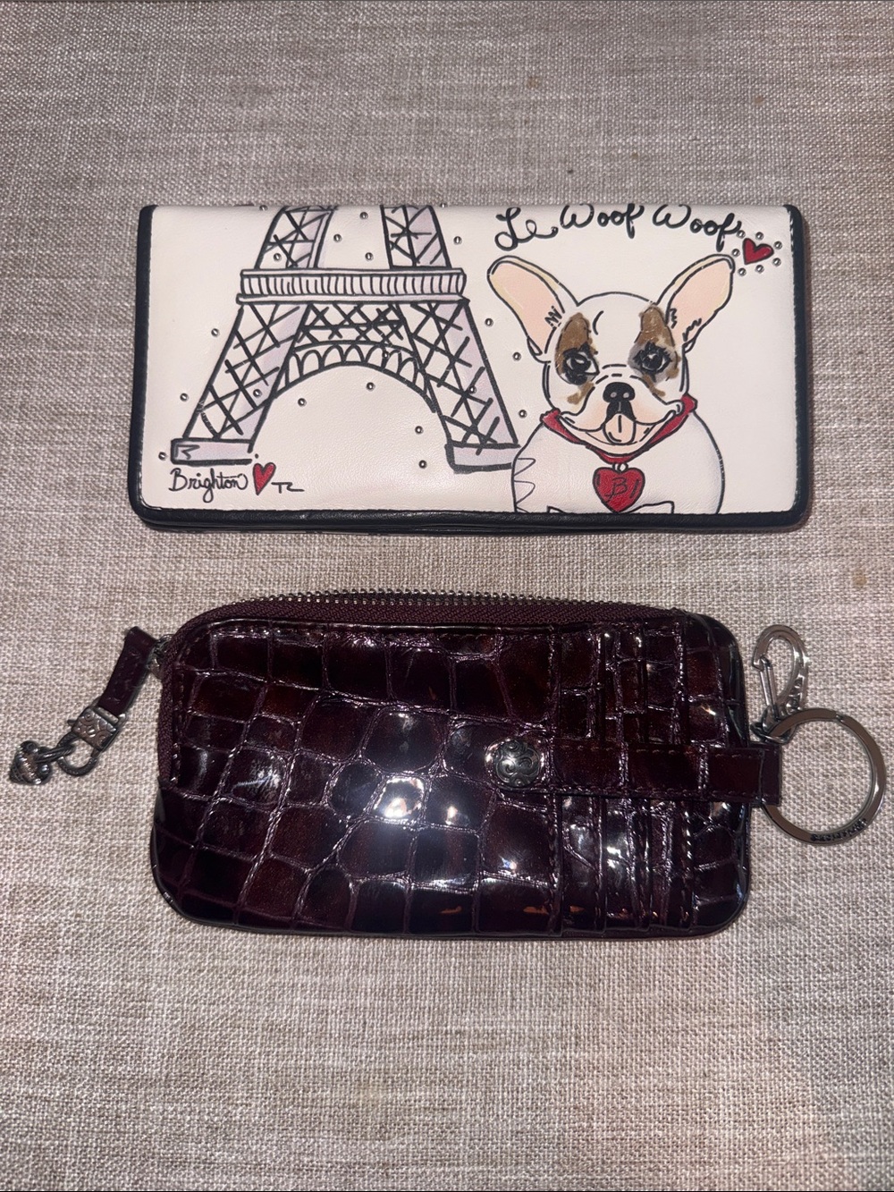 Brighton White Dog & Eiffel Wallet with Brown Croc Key Pouch- Both Wallets